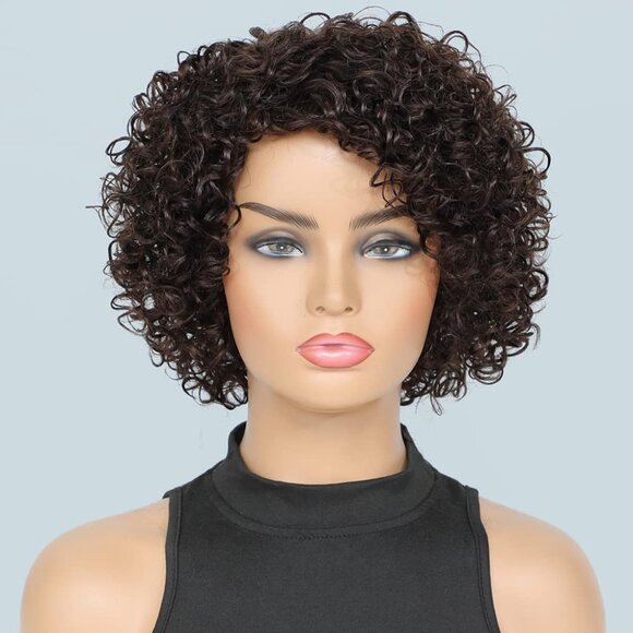 Short Curly Human Hair Wigs For Black Women Dark Brown Human Hair Curly Wigs Non - Picture 1 of 7